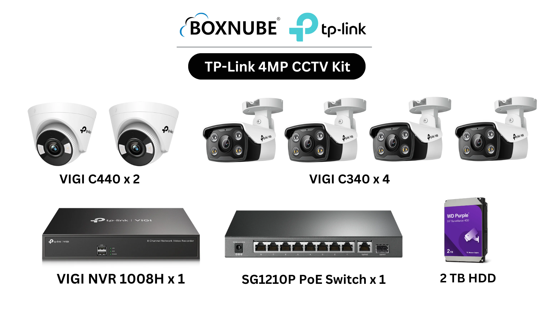 TP-Link VIGI 4MP Full HD 2-Way Audio 6 Camera Kit Bundle | 4 x VIGI C340 Bullet, 2 x VIGI C440 Turret, 8 Channel NVR, 8 Port PoE Gigabit Switch TP-Link VIGI 4MP Full HD 2-Way Audio 6 Camera Kit Bundle | 4 x VIGI C340 Bullet, 2 x VIGI C440 Turret, 8 Channel NVR, 8 Port PoE Gigabit Switch